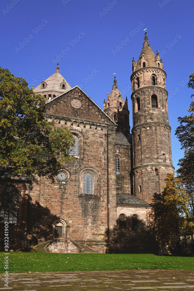 Facade of old historic Roman Catholic St Peter's Cathedral in city of Worms in Germany