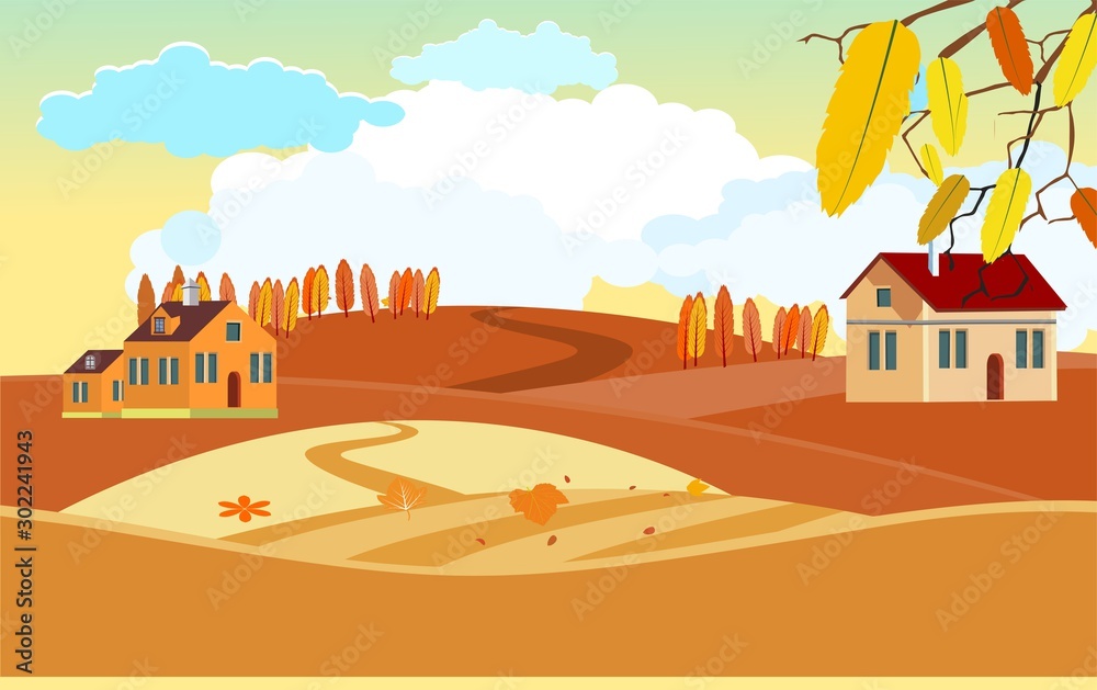  Vector illustration of Countryside landscape in autumn,farm houses on the hills . Falling leaves. Panorama vector concept.