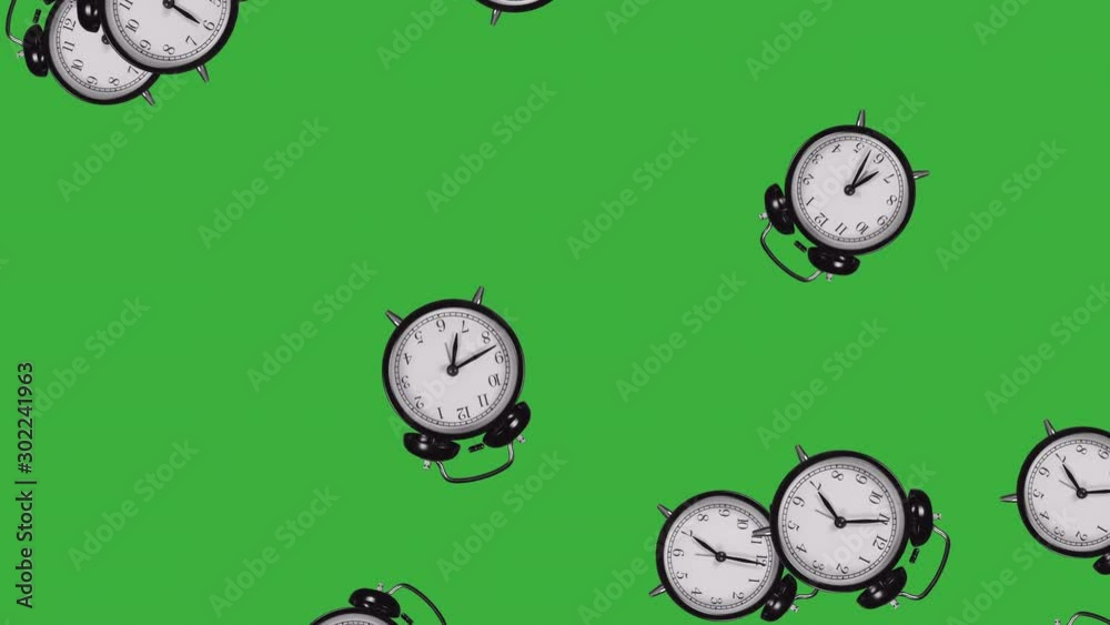 Many alarm clock falling down,green screen background