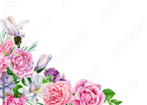 frame, greeting card with space for text of flowers, carnation, succulent, hellebore, magnolia, hydrangea, pink rose with green leaf, beautiful flower on a white background, watercolor illustration