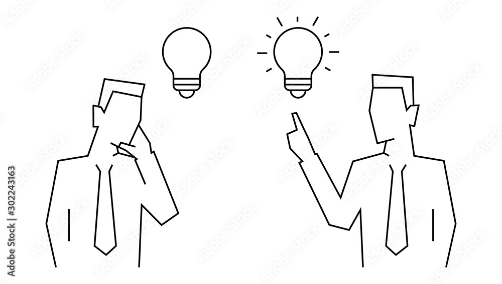 Conception of idea in businessman linear illustration. Businessmen think and create business idea. Editable stroke Conception of idea in businessman linear illustration. Businessmen think and create business idea. Editable stroke