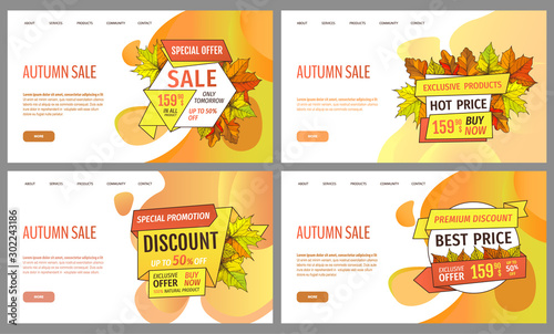 Set of cards with seasonal proposition from store, vector. Shop sale in autumn. Autumnal offer discounts. Fall leaves with gold tags. Flyer hot price and lowered cost, promotion premium quality goods