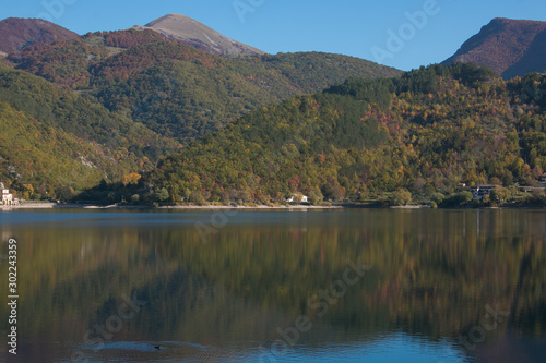 View of Scanno lake. It was a cyclopean landslide from Monte Genzana, to block the Sagittario valley to create Lake Scanno, the most evocative and visited of Abruzzo
