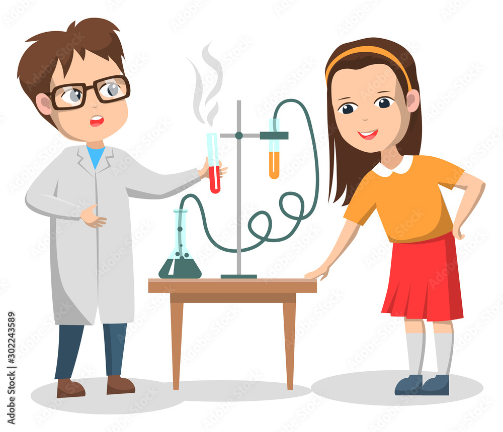 Chemistry lesson vector, isolated boy and girl conducting experiment with substances and chemicals. Teacher and schoolgirl curious character, back to school concept. Flat cartoon Chemistry lesson vector, isolated boy and girl conducting experiment with substances and chemicals. Teacher and schoolgirl curious character, back to school concept. Flat cartoon