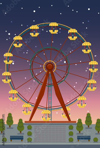 Big Ferris wheel at night amusement park, cartoon flat style, vector clip art illustration