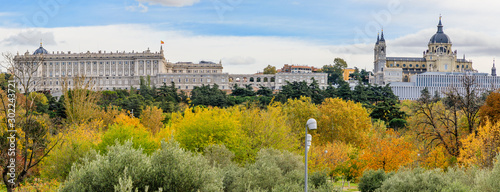 Royal Palace and Almudena Cathedral with trees with autumn color in Madrid © josevgluis