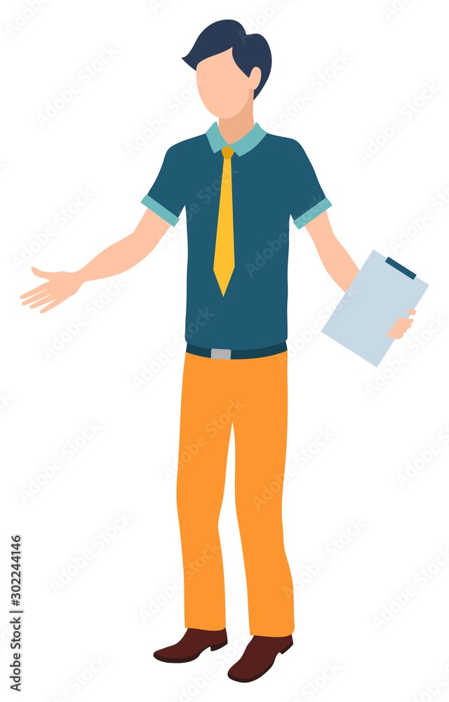 Secretary man with clipboard vector, isolated character worker with document paper on board. Male not knowing what to do, professional working male