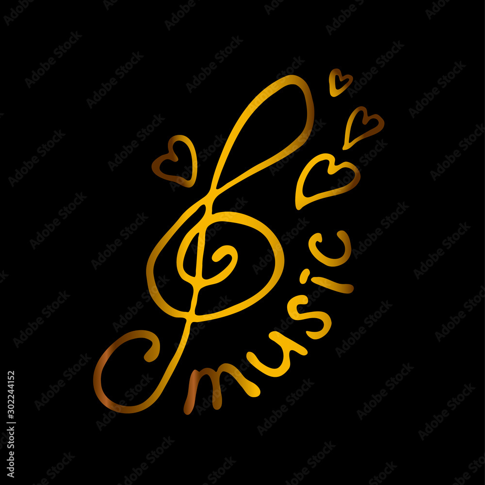 Music vector logo. Big treble clef word Music and hearts. Handwritten pattern in golden color on a black background.