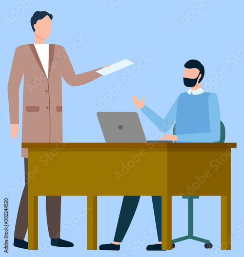 Office workers, talk at table with laptop, international business vector. Businessmen discussing work or job, boss and employee, order or working task