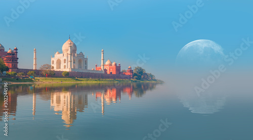 Photography Taj Mahal with full moon at sunset - Agra, India Elements of this image furnish