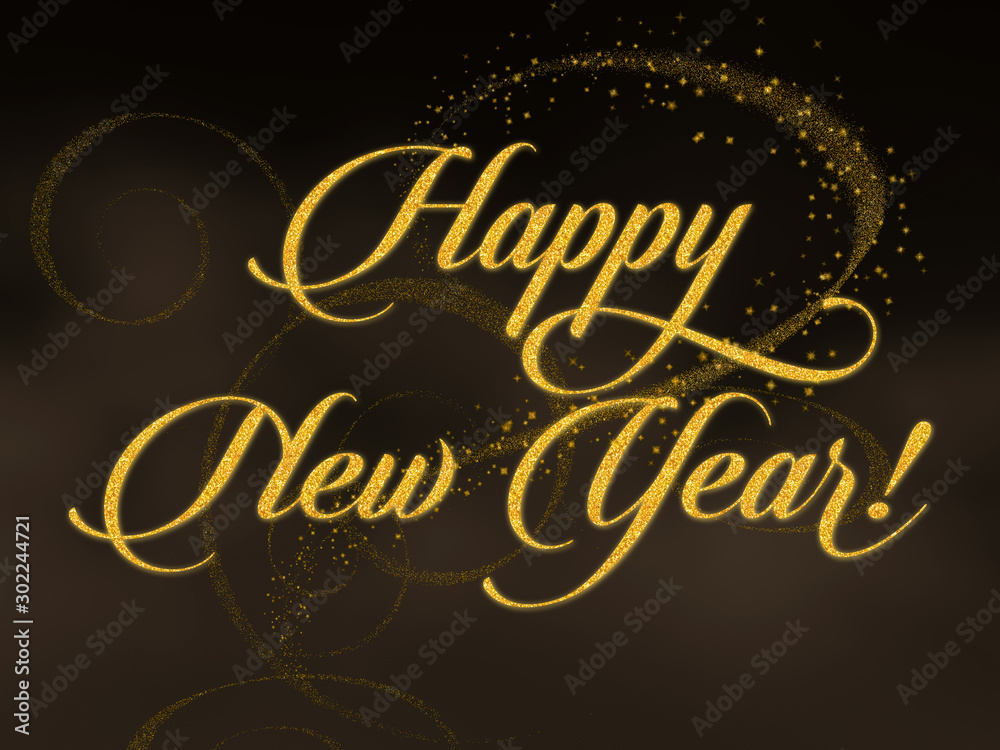 Happy new year text on dark background with flourishes and stars