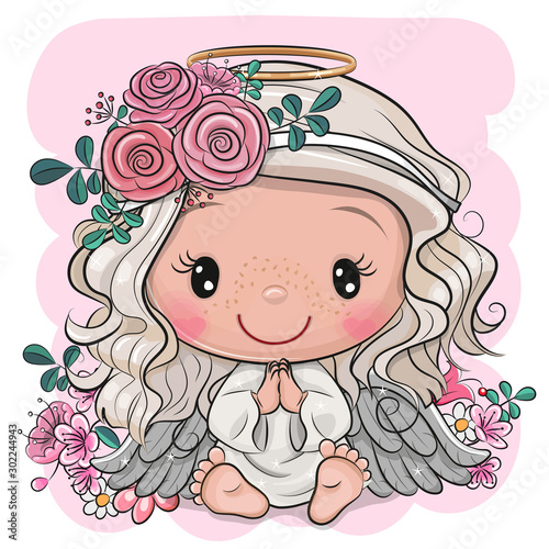 Cartoon Christmas angel with flowers