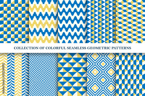 Collection of bright seamless colorful geometric patterns. Endless fanky textures. Vibrant tileable unusual backgrounds for your any design and ideas