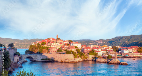 Fototapeta Naklejka Na Ścianę i Meble -  Beautiful cityscape on the mountains over Black-sea, Amasra