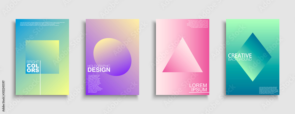 Trendy colorful minimalistic covers, templates, posters, placards, brochures, banners, flyers and etc. Abstract holographic gradient backgrounds with simple geometric shapes