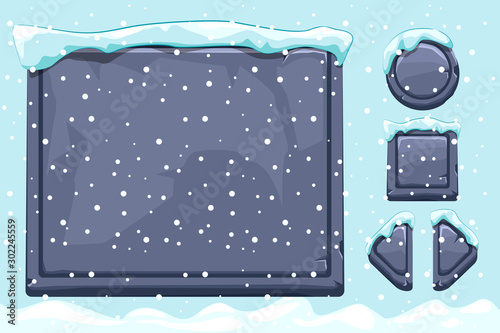 Snow covered stone assets and buttons For Ui Game. Winter game ui stones buttons with snow.