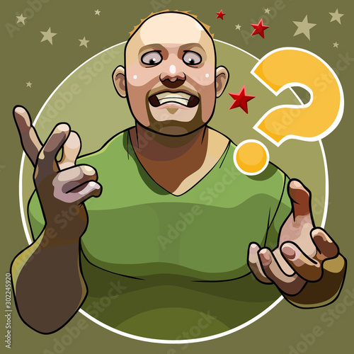 cartoon big man emotionally with gestures asks
