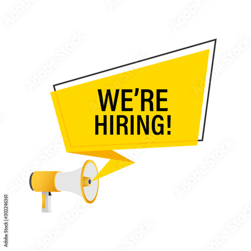 We're Hiring web banner. Megaphone With We are Hiring Speech on green background. Vector stock illustration.