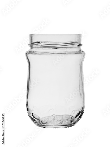 Empty open glass jar on white background