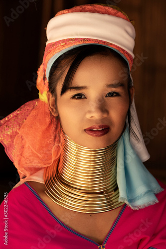  Chiang Rai Province, Thailand, Portrait of Young Karen Long Neck Woman at Hill Tribe Village Near Chiang Rai