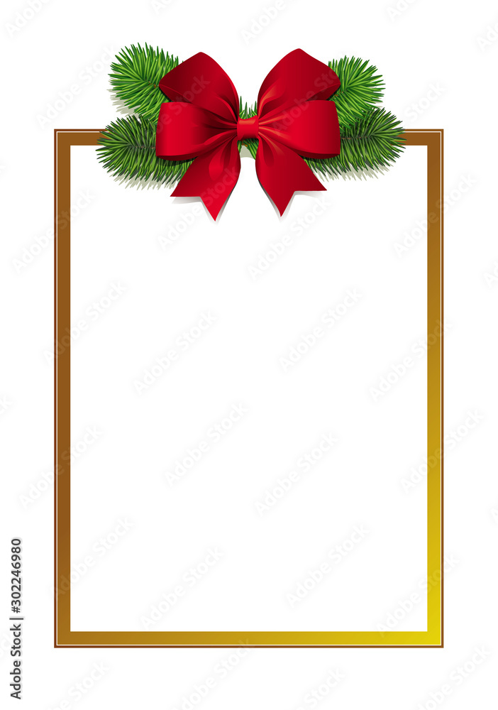 Elegant golden frame with photo realistic green christmas tree branches and red beautiful bow. Rectangular background for seasonal winter greetings. Elegant golden frame with photo realistic green christmas tree branches and red beautiful bow. Rectangular background for seasonal winter greetings.