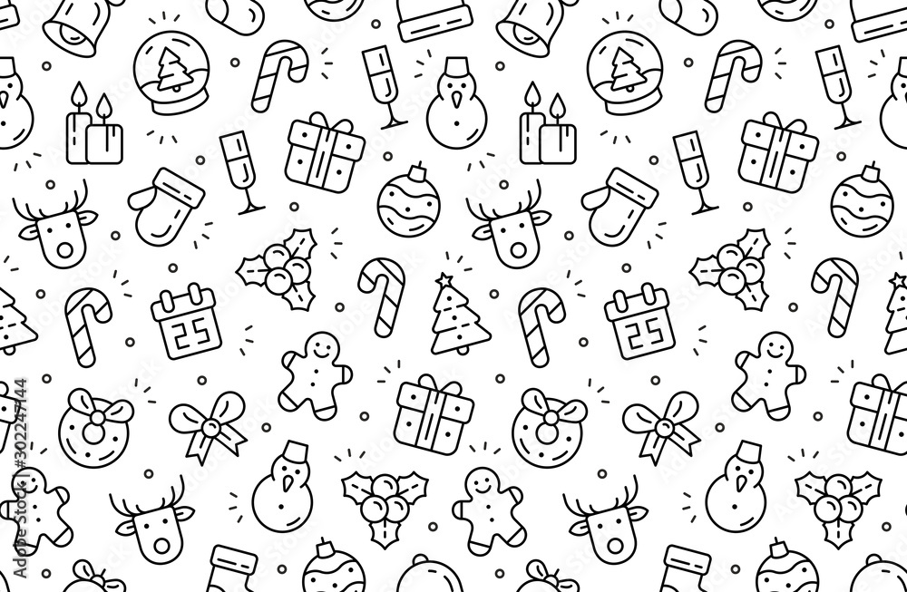 Seamless pattern with Christmas icons. Isolated on White background - obrazy, fototapety, plakaty 
