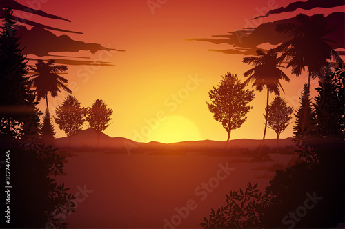 Natural forest mountains horizon Landscape wallpaper Skyline Sunrise and sunset Illustration vector style Colorful red tone background