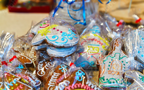 Gingerbread as souvenir gifts on the Vilnius Christmas Market, Lithuania. It is one of the main Christmas symbols which can be decorated with various candies and ornaments.