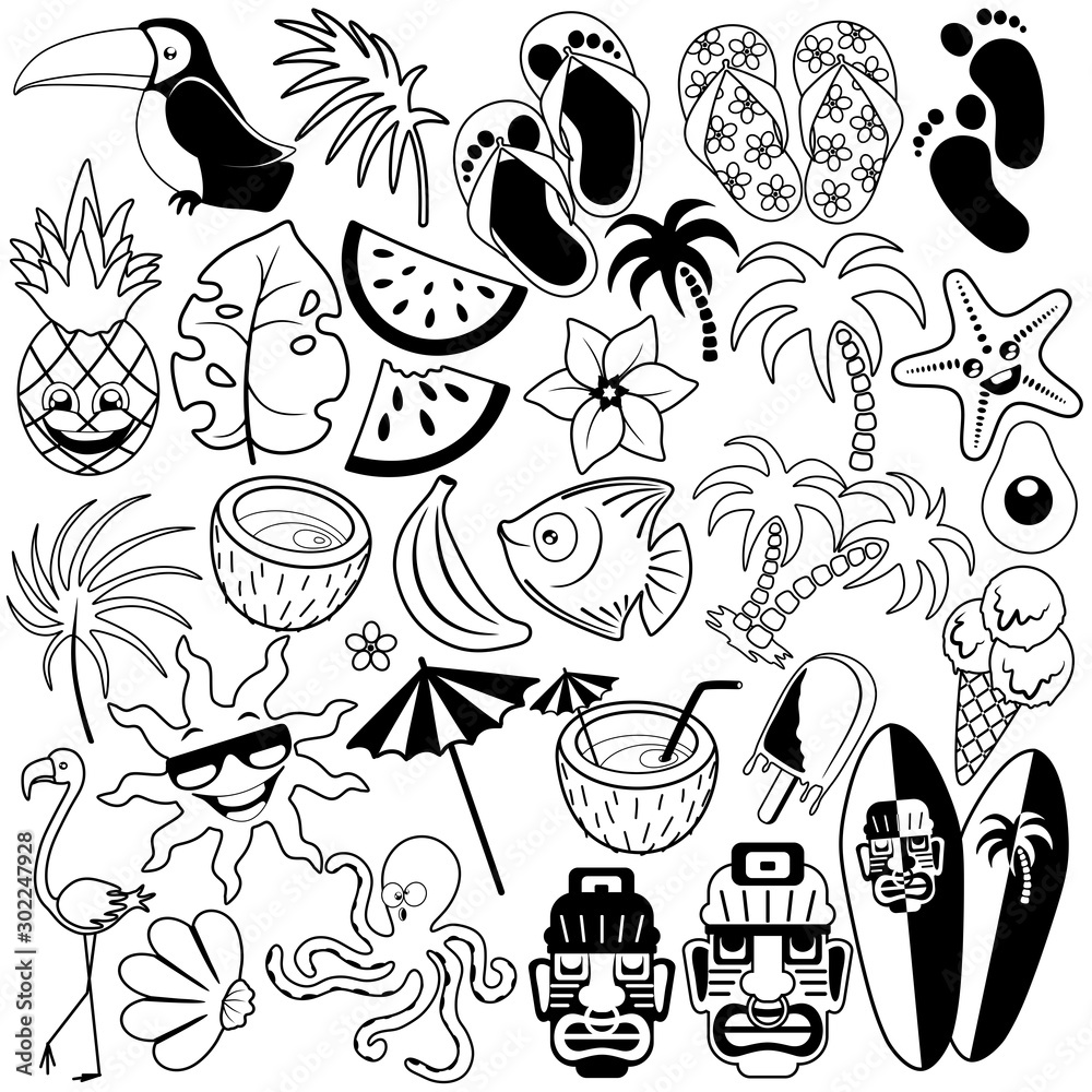 Tropical Summer Doodles Black and White Set of 31 Vector Characters isolated 