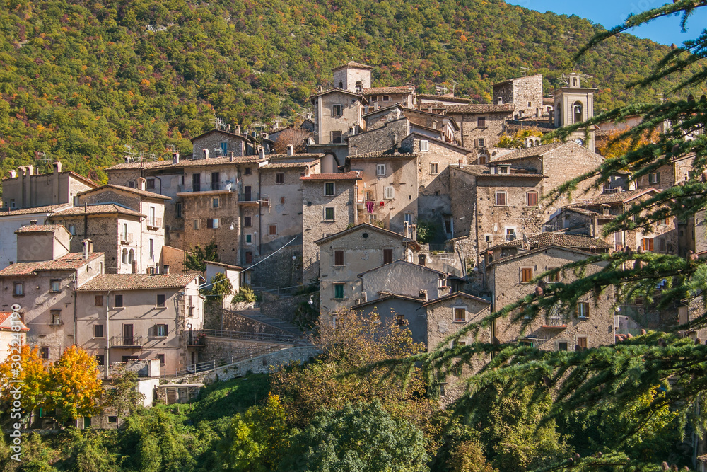 Autumn view of Scanno, the most photographed village in Italy with medieval history, surrounded by mountains and unspoilt nature