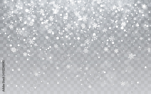 Christmas snow. Falling snowflakes on transparent background. Snowfall. Vector illustration photo