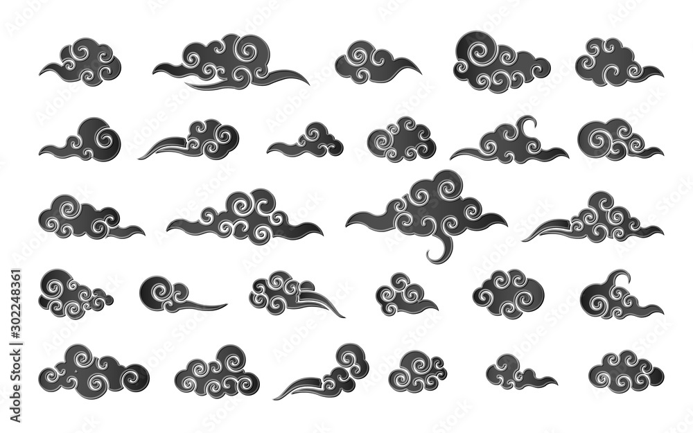 Cloud in Chinese style. Abstract black cloudy set isolated on white background. Vector illustration