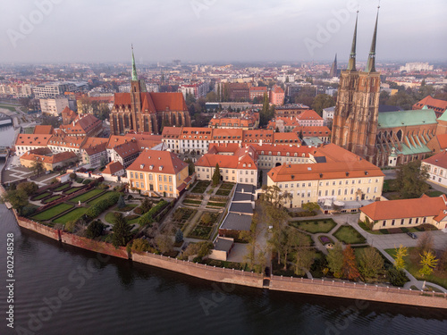 The aerial view of Wroclaw: Ostrow Tumski, Cathedral of St. John the Baptist and Collegiate Church of the Holy Cross and St. Bartholomew