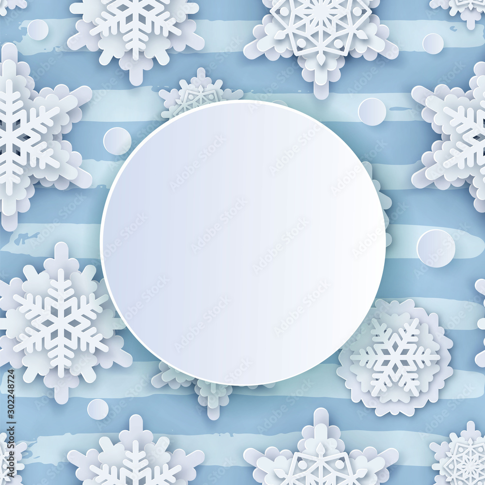 Vector Greeting banner with Papercut Snowflakes, copy space. Layered falling snow flake winter symbols with 3D effect. Vector Merry Christmas, New Year seasonal header, business card, invitation add Vector Greeting banner with Papercut Snowflakes, copy space. Layered falling snow flake winter symbols with 3D effect. Vector Merry Christmas, New Year seasonal header, business card, invitation add