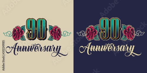 Vintage colorful ninety years anniversary badge