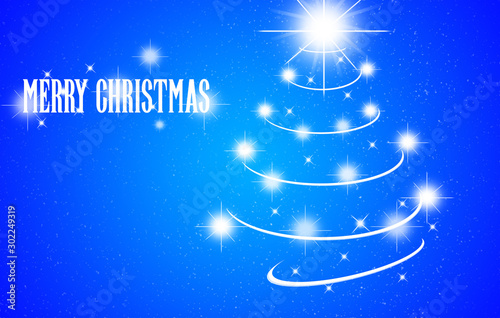 Blue Christmas card with A Christmas fir tree with stars