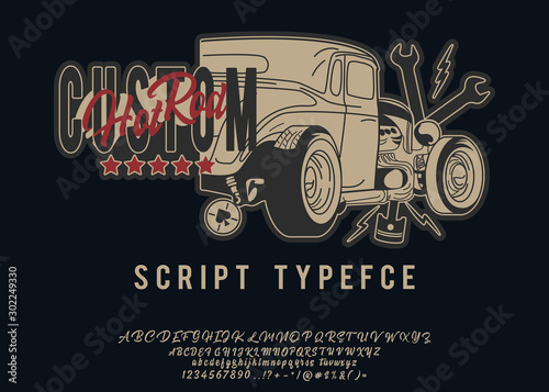 Hot Rod Custom. Vintage script font. Handmade font. Retro Typeface. Vector font illustration.