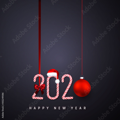 Happy New Year greeting card. Candy cane number 2020 with santa hat, bow with ribbon and xmas ball on dark background. Holiday Background. Vector illustration