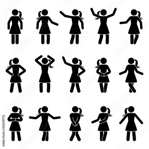 Stick figure woman standing front view different poses vector icon pictogram set. Black and white cut out people human silhouette on white background