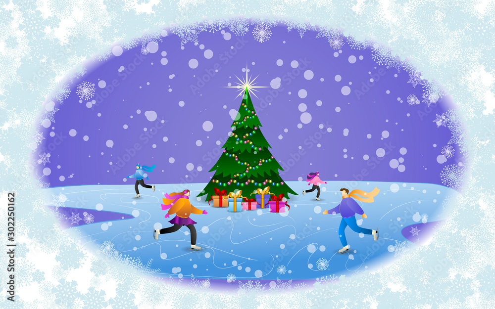 Flat style people Skating on the rink at holiday. Colorful winter banner with falling snowflakes, ice, ice rink, christmas tree and gift. Use for event invitation, discount voucher, advertising.