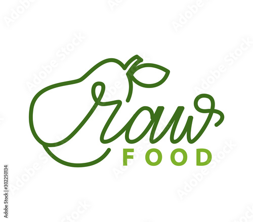 Raw food and fruit silhouette, natural product inscription, isolated lettering and organic promo. Vector ecology clean nutrition with vegetables, dieting