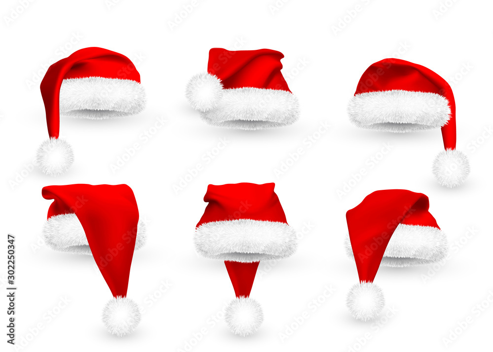 Realistic Red Santa Claus hat isolated on white background. Gradient mesh Santa Claus cap with fur. Vector illustration Realistic Red Santa Claus hat isolated on white background. Gradient mesh Santa Claus cap with fur. Vector illustration