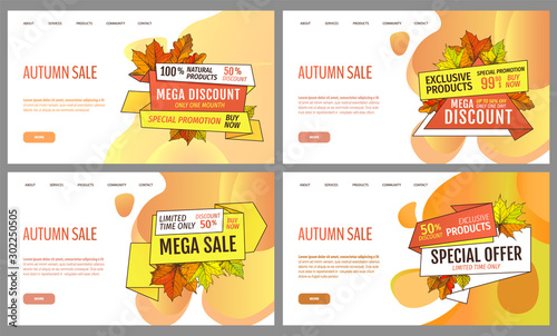 Set of cards with seasonal proposition from store, vector. Shop sale in autumn. Autumnal offer discounts. Fall leaves with gold tags. Flyer hot price and lowered cost, promotion premium quality goods