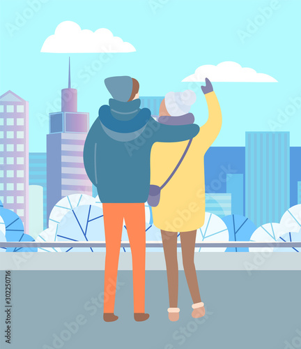 Couple walking in winter urban park. People standing and hugging outdoor in cold weather. Man and woman together. Beautiful snowy landscape of city on background. Vector illustration in flat style