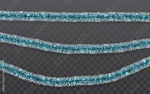 Christmas or New Year traditional decorations. Hanging glitter Xmas tinsel garland. Decor element. Vector illustration