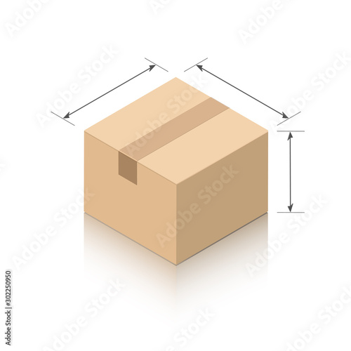 Mock up miniature closed cardboard box. Arrows to indicate package sizes. Object on a white background with a mirror shadow for icons, advertising, website content. Isometric style.