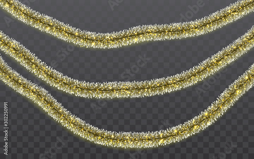 Christmas or New Year traditional decorations. Hanging glitter Xmas tinsel garland. Decor element. Vector illustration