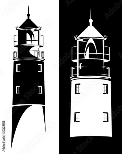 lighthouse tower from Baltiysk port (Kaliningrad region) black and white vector silhouette outline design set photo