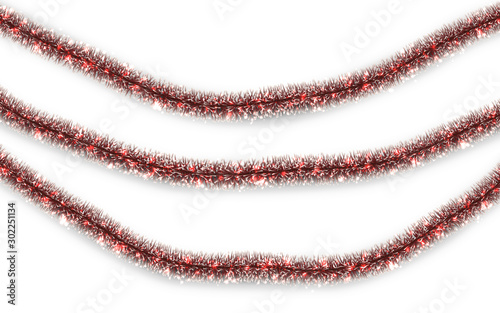Christmas or New Year traditional decorations. Hanging glitter Xmas tinsel garland. Decor element. Vector illustration