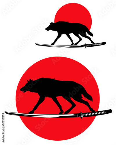 wolf running along samurai katana sword - wild animal silhouette and traditional japanese red sun bushido concept vector design set
